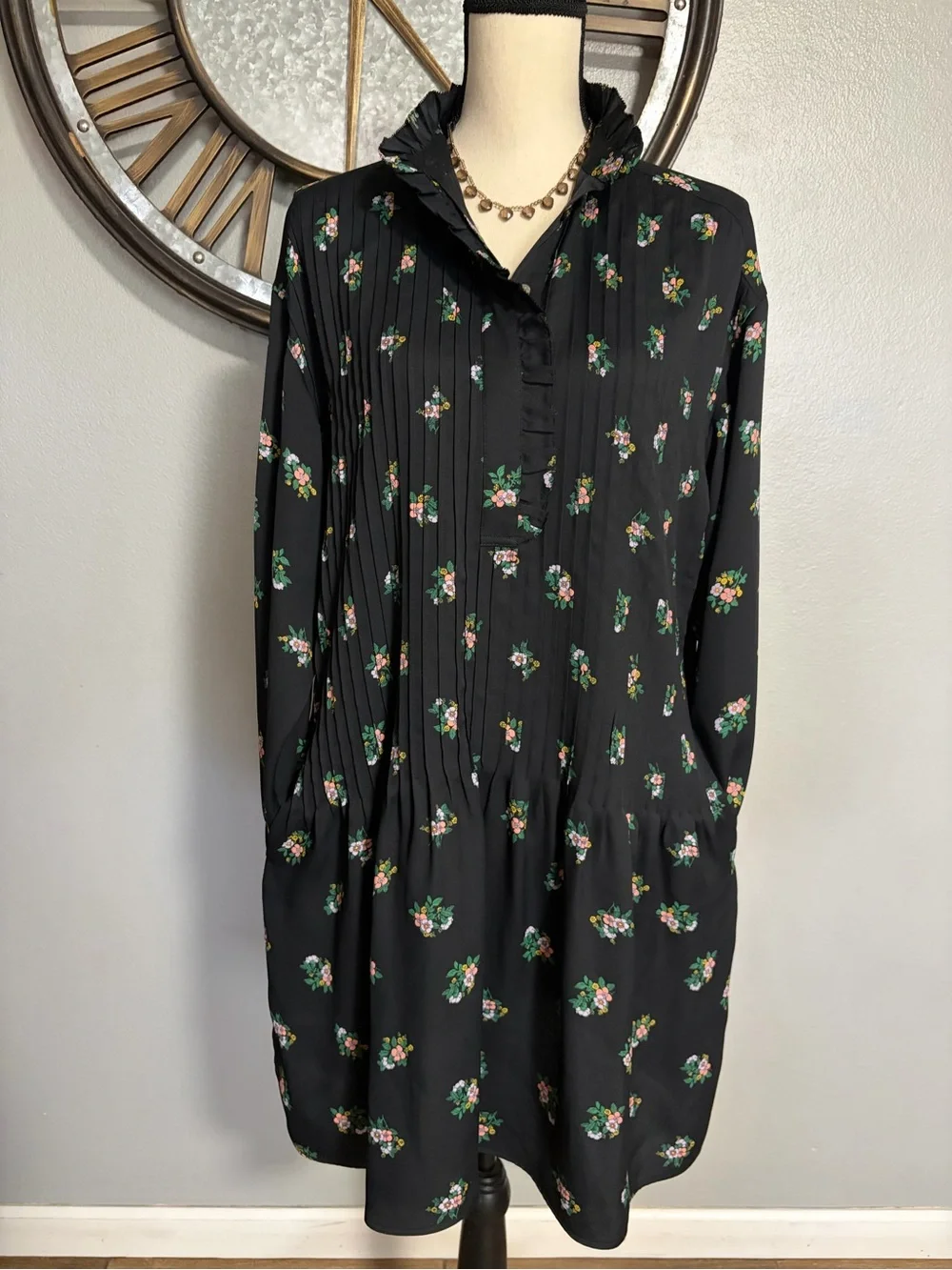 TORY BURCH Black Floral Long Sleeve Tunic Dress